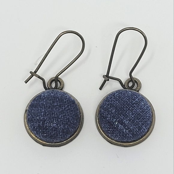 New Handmade | Denim Blue Upcycled Fabric Button Earwire Dangle Earrings - Picture 1 of 3
